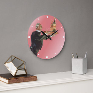 Vintage Butler in a Tuxedo Serving Wine on Tray Large Clock
