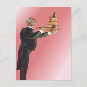 Vintage Butler in a Tuxedo Serving Wine on Tray Postcard