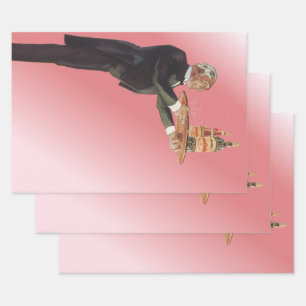 Vintage Butler in a Tuxedo Serving Wine on Tray Wrapping Paper Sheet