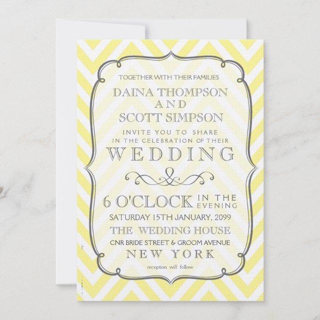 Vintage Butter Yellow Chevron Stripes Wedding Invitation (Front)