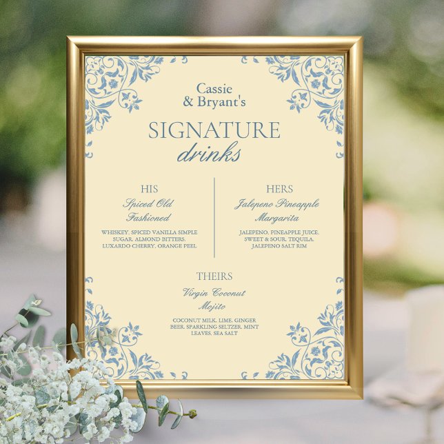 Vintage Butter Yellow Wedding Signature Drinks Poster (vintage butter yellow and blue wedding bar menu with signature drinks for the bride groom and them)