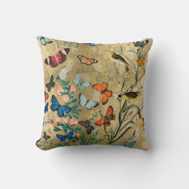 Vintage Butterflies and Birds Botanical Throw Pillow (Front)
