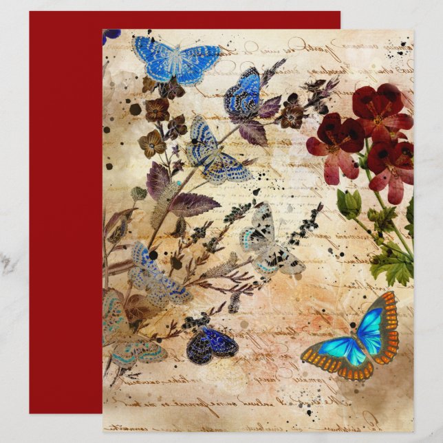 Vintage Butterflies Collage Scrapbook Paper (Front/Back)