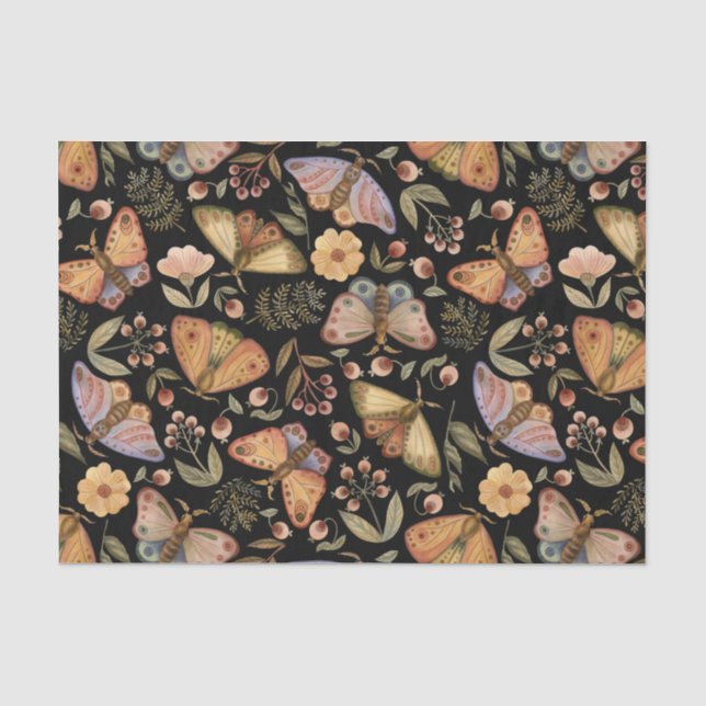 Vintage Butterflies, Flowers and Berries Black Tissue Paper (Front)
