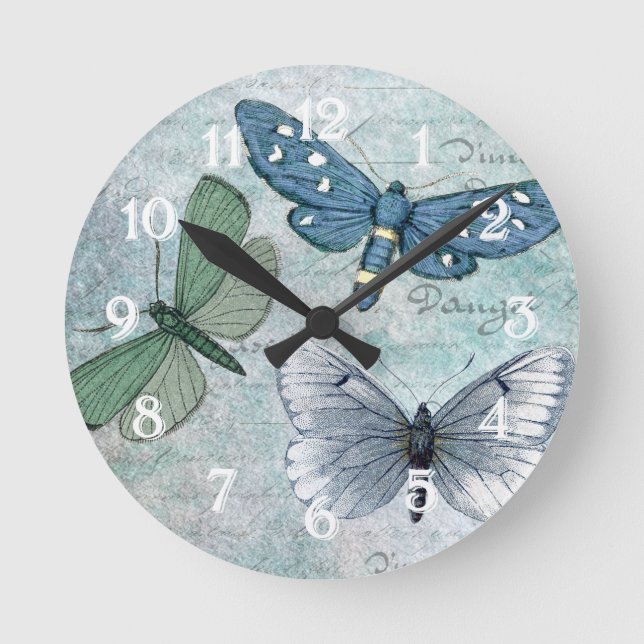 Vintage Butterflies French Grunge Round Clock (Front)