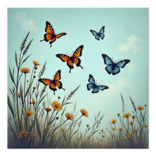 Vintage butterflies in blue poster
