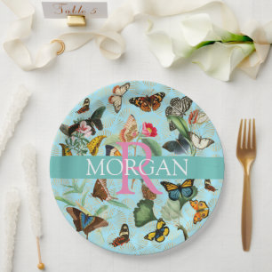 Vintage Butterflies, Monogram & Name, Teal & Gold Paper Plate