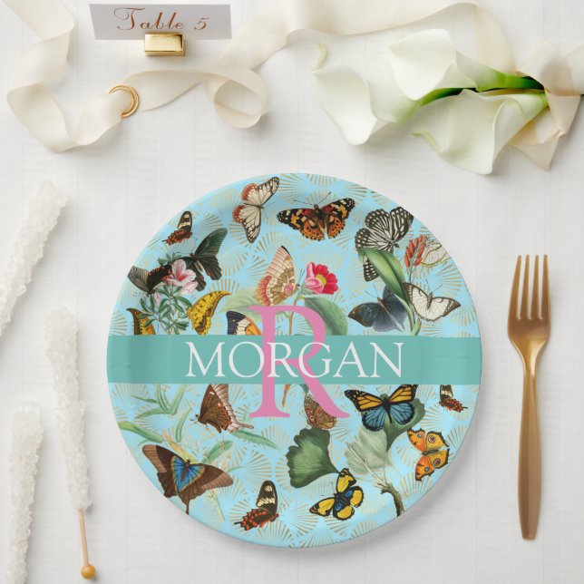 Vintage Butterflies, Monogram & Name, Teal & Gold Paper Plate (Wedding)