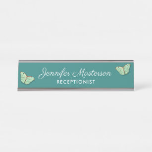 Vintage Butterflies on Teal Background with Name Desk Name Plate
