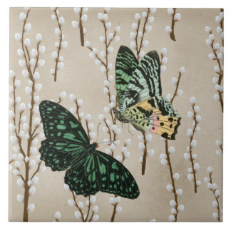 Vintage Butterflies on White Willow Catkins Tile