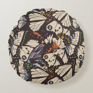 Vintage butterflies surface pattern. Colourful, t Round Pillow
