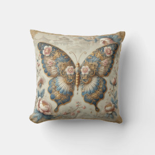 Vintage Butterfly and Floral Chinoiserie Art Throw Pillow