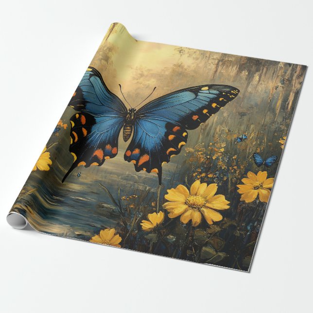 Vintage Butterfly and Yellow Flowers Decoupage Wrapping Paper (Unrolled)