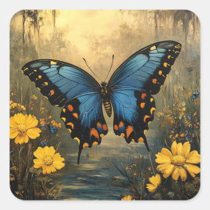 Vintage Butterfly and Yellow Flowers Painting Square Sticker