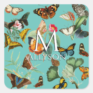 Vintage Butterfly Art, Many Kinds on Teal Square Sticker