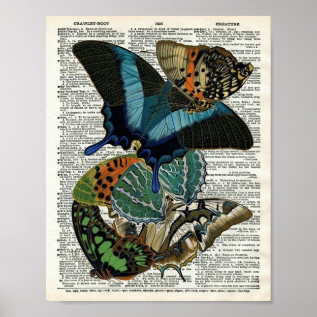 Vintage Butterfly Botanical #3 on Dictionary Page Poster (Front)