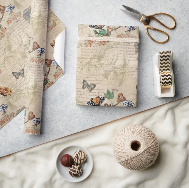 Vintage Butterfly Botanical Ephemera Wrapping Paper (Crafts)