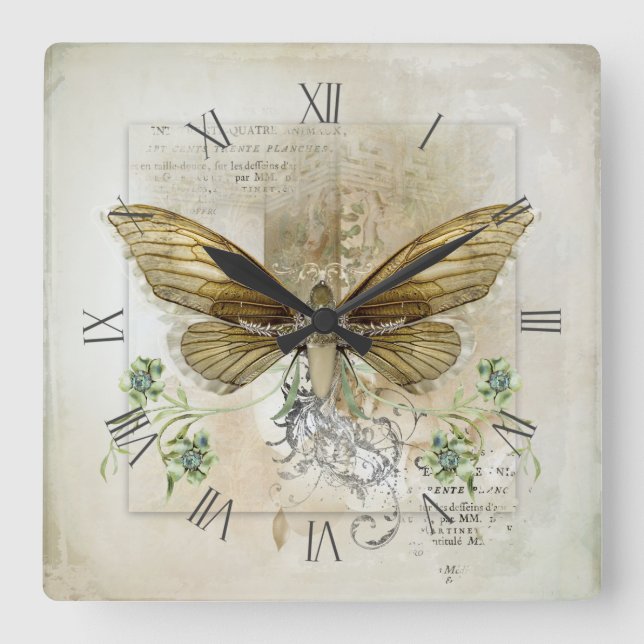 vintage butterfly collage square wall clock (Front)