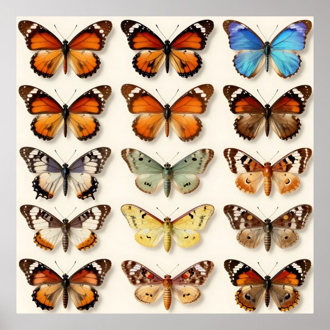 Vintage Butterfly Collection Grid Display Poster (Front)