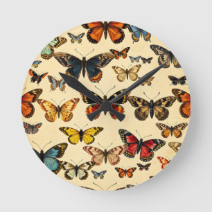 Vintage Butterfly Collection Pattern Round Clock