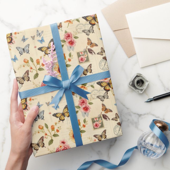 Vintage Butterfly & Flowers Rolled Gift Wrap (Gifting)