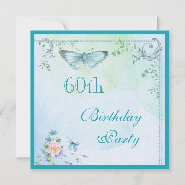 Vintage Butterfly, Flowers & Swirls 60th Birthday Invitation (Front)