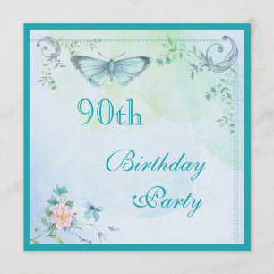 Vintage Butterfly, Flowers & Swirls 90th Birthday Invitation