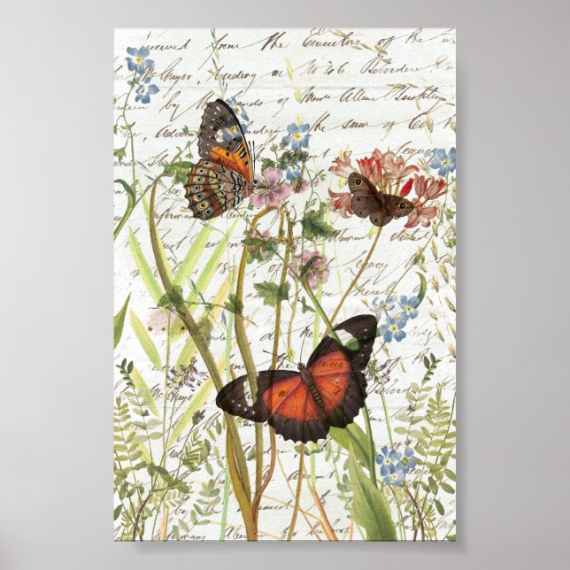 Vintage Butterfly Garden Collage Poster (Front)
