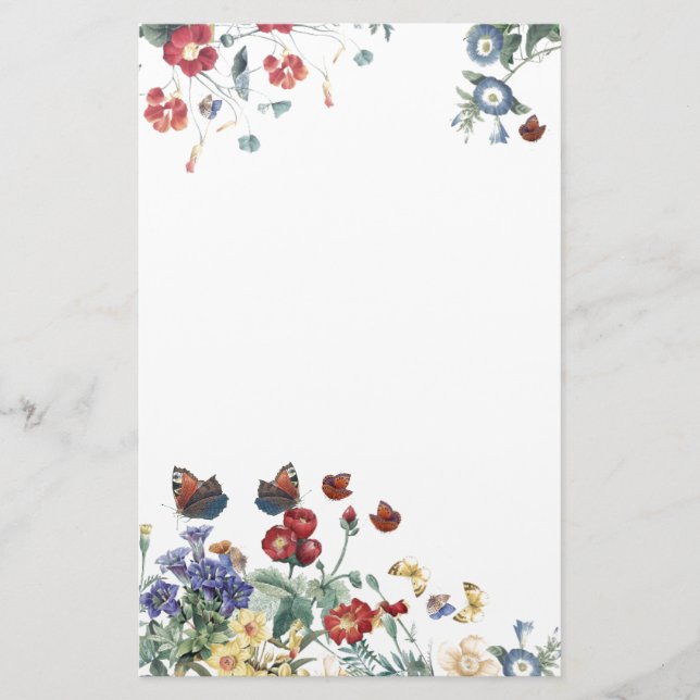 Vintage Butterfly Garden Flowers Stationery (Front)