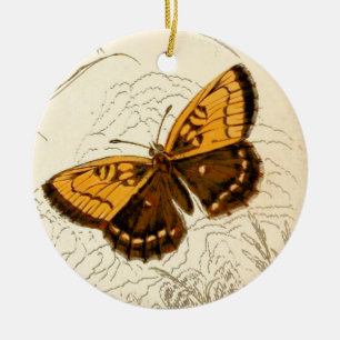 Vintage Butterfly Illustration, Gold and Brown Ceramic Ornament