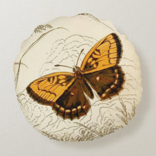 Vintage Butterfly Illustration, Gold and Brown Round Pillow