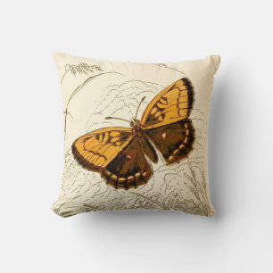 Vintage Butterfly Illustration, Gold and Brown Throw Pillow