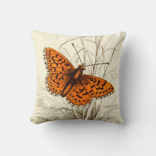 Vintage Butterfly Illustration, Orange and Black Throw Pillow