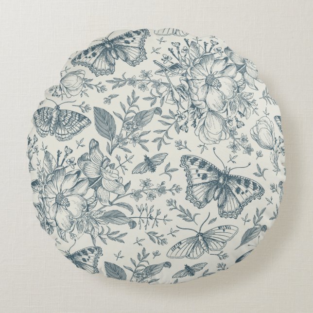 Vintage Butterfly, Luna Moth and Flowers  Round Pillow (Front)