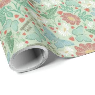 Vintage Butterfly Old Key White Daisy Wrapping Paper