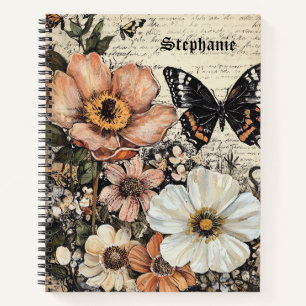 Vintage Butterfly Peony Botanical Notebook