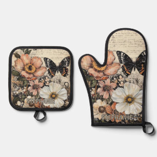 Vintage Butterfly Peony Botanical Oven Mitt & Pot Holder Set