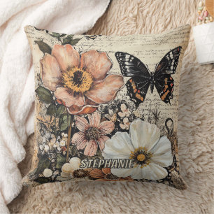 Vintage Butterfly Peony Botanical Throw Pillow