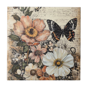 Vintage Butterfly Peony Botanical Tile