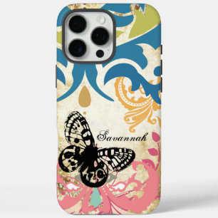 Vintage Butterfly Pink Damask Name or Quote iPhone 16 Pro Max Case