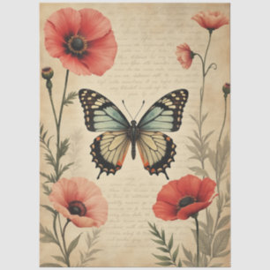 Vintage Butterfly Poppy Floral Furniture Decoupage Tissue Paper