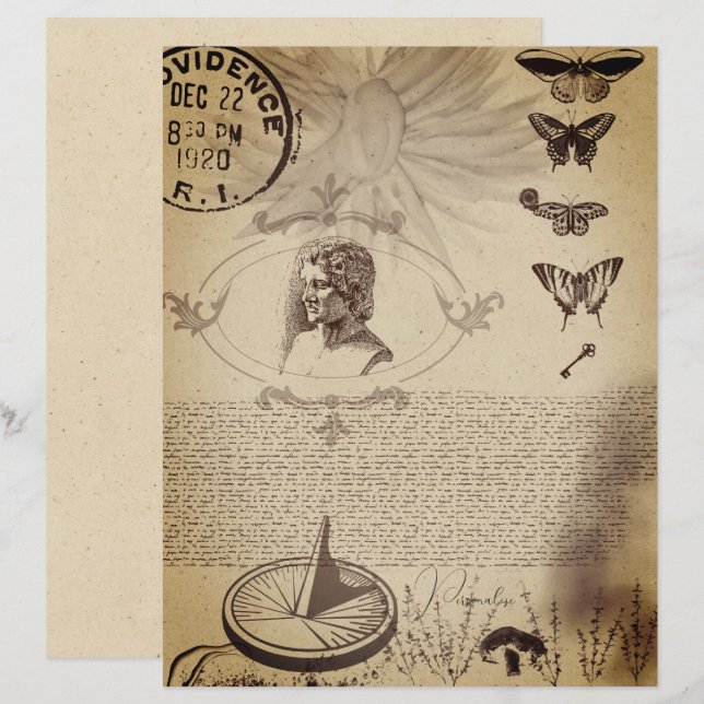 Vintage Butterfly Post Stamp Old Sepia Paper (Front/Back)