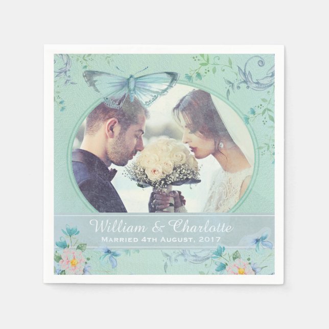 Vintage Butterfly Romantic Wedding Photo Napkin (Front)