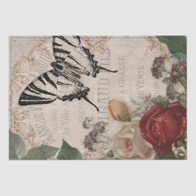 Vintage Butterfly & Roses Shabby Chic Decoupage Tissue Paper (Front)