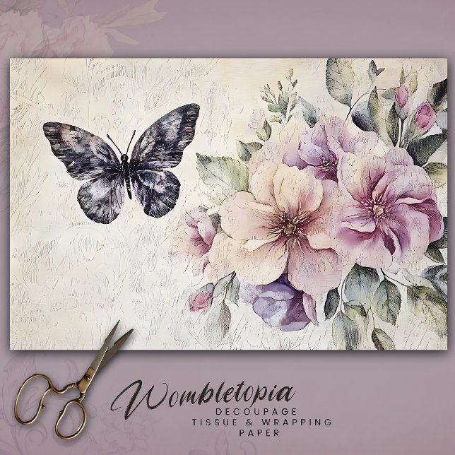 Vintage Butterfly with Purple Flowers Decoupage Tissue Paper (Creator Uploaded)