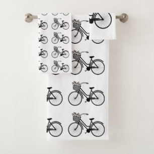 VINTAGE BYCICLE PATTERN IN BLACK AND WHITE BATH TOWEL SET