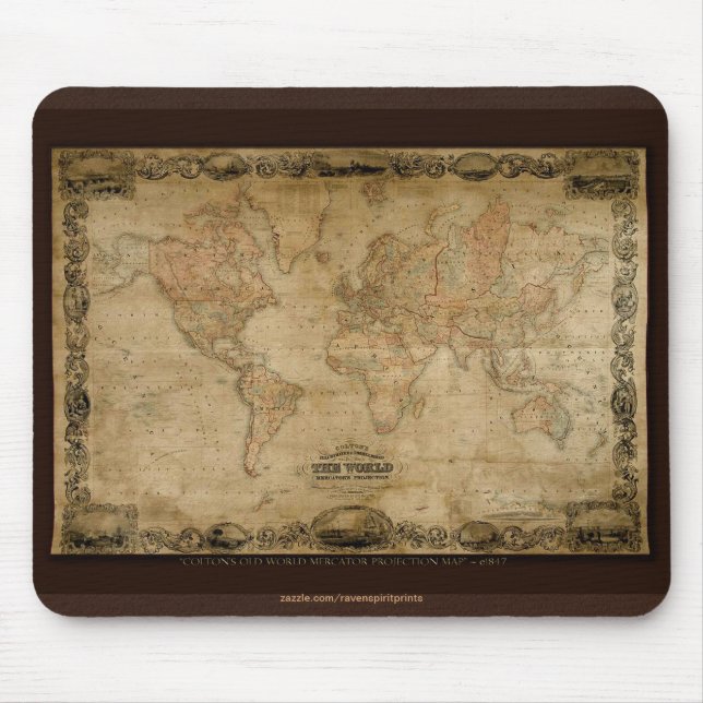 Vintage c1847 Colton's Old World Map Mousepad (Front)