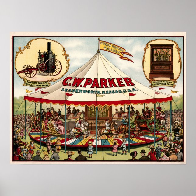 Vintage C.W. Parker Steam Riding Gallery Poster (Front)