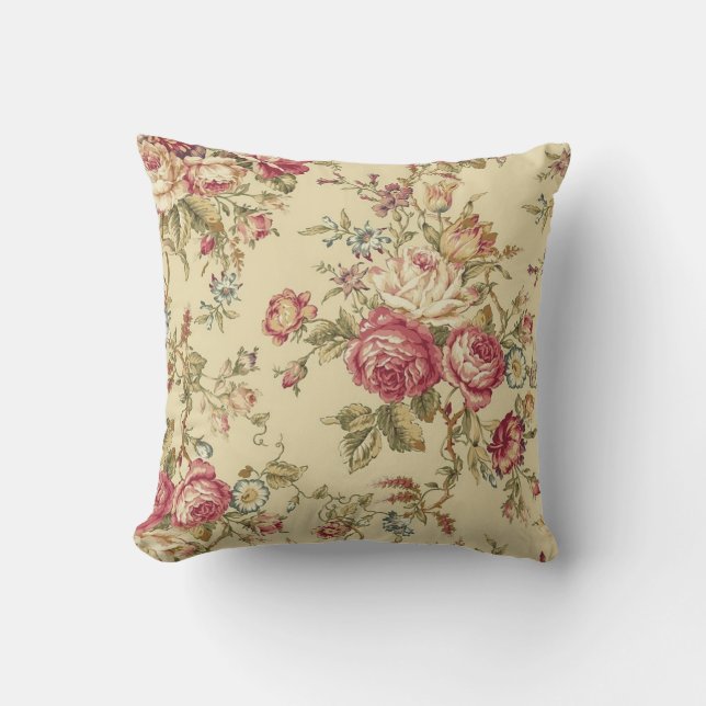 Vintage Cabbage Rose Design Throw Pillow (Front)
