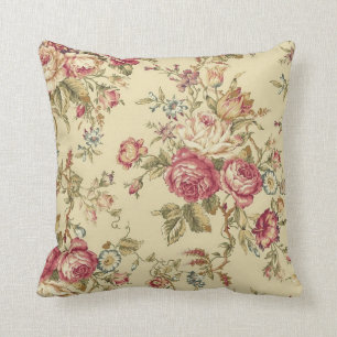 Vintage Cabbage Rose Design Throw Pillow